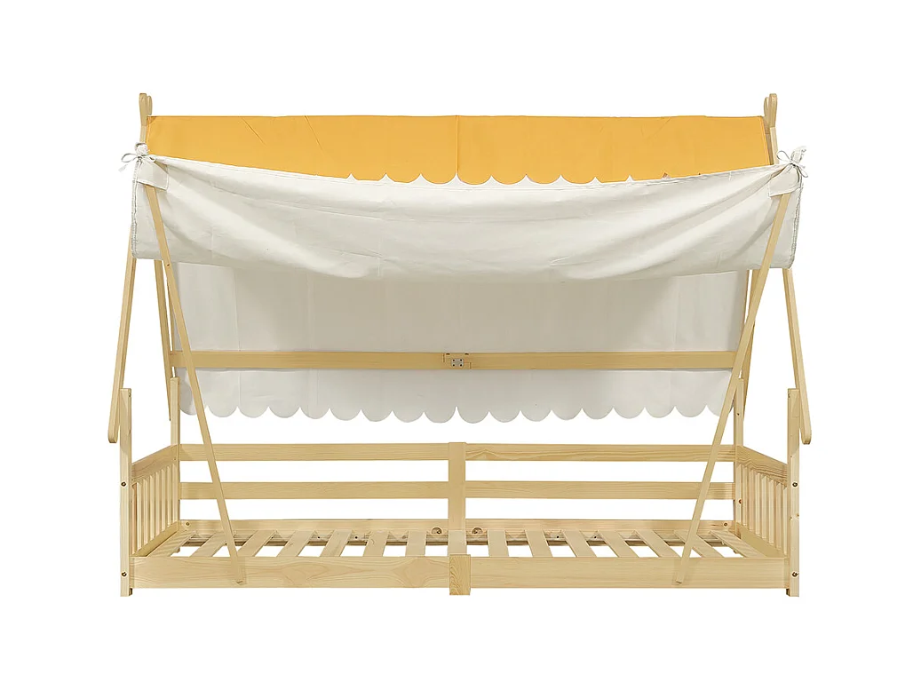 Lit d'enfant 90x200cm, design en forme de cabane, tente amovible, avec barrières de sécurité, pin + contreplaqué, couleur naturelle