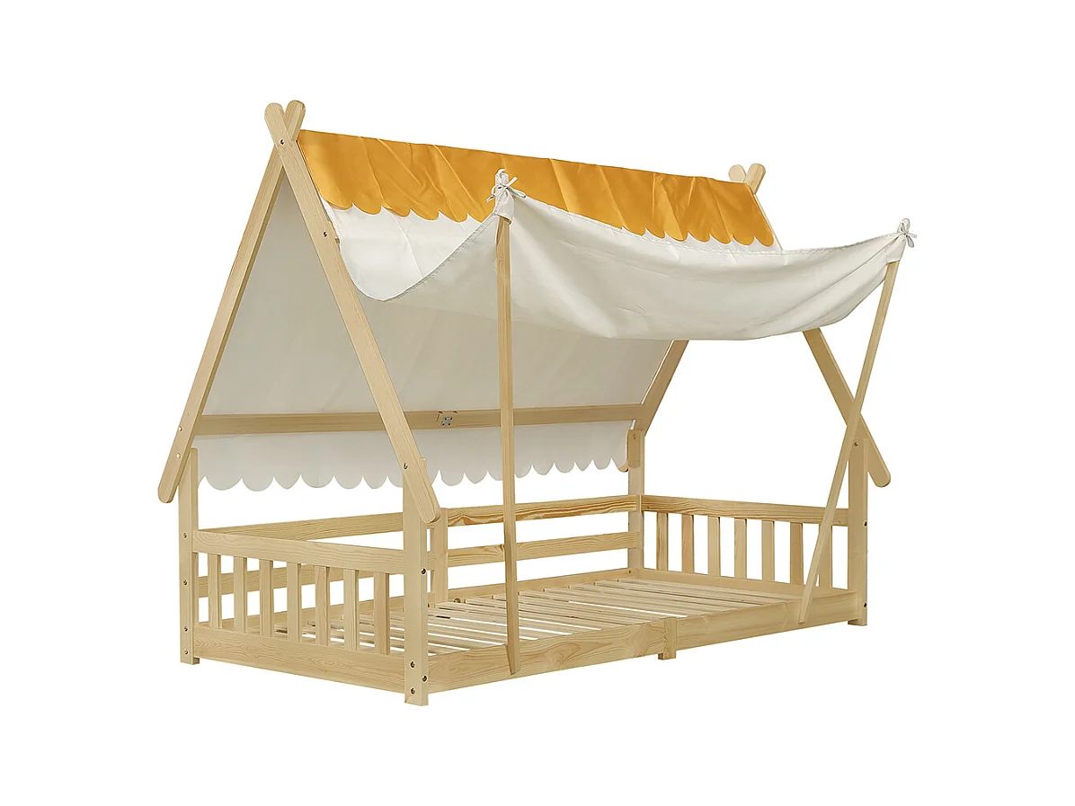 Lit d'enfant 90x200cm, design en forme de cabane, tente amovible, avec barrières de sécurité, pin + contreplaqué, couleur naturelle