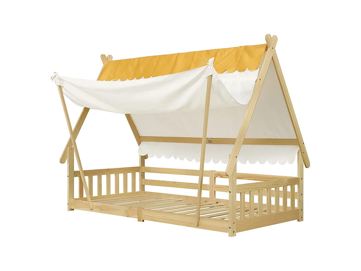 Lit d'enfant 90x200cm, design en forme de cabane, tente amovible, avec barrières de sécurité, pin + contreplaqué, couleur naturelle