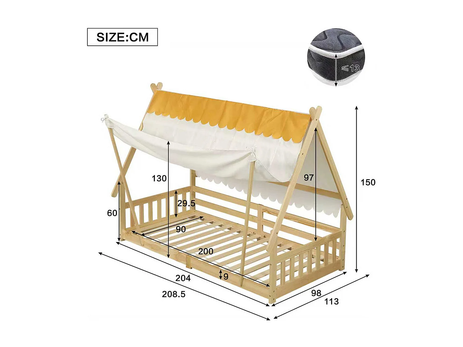 Kinderbed 90x200cm, hutvormig ontwerp, afneembare tent, met veiligheidshekken, grenen + multiplex, naturel kleur