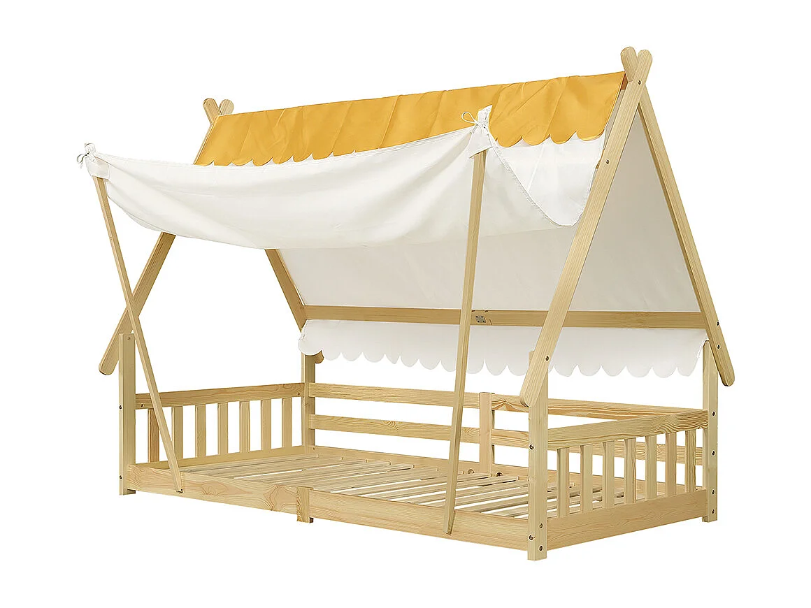 Kinderbed 90x200cm, hutvormig ontwerp, afneembare tent, met veiligheidshekken, grenen + multiplex, naturel kleur