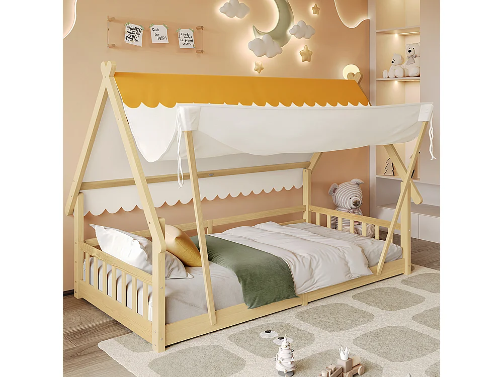 Lit d'enfant 90x200cm, design en forme de cabane, tente amovible, avec barrières de sécurité, pin + contreplaqué, couleur naturelle