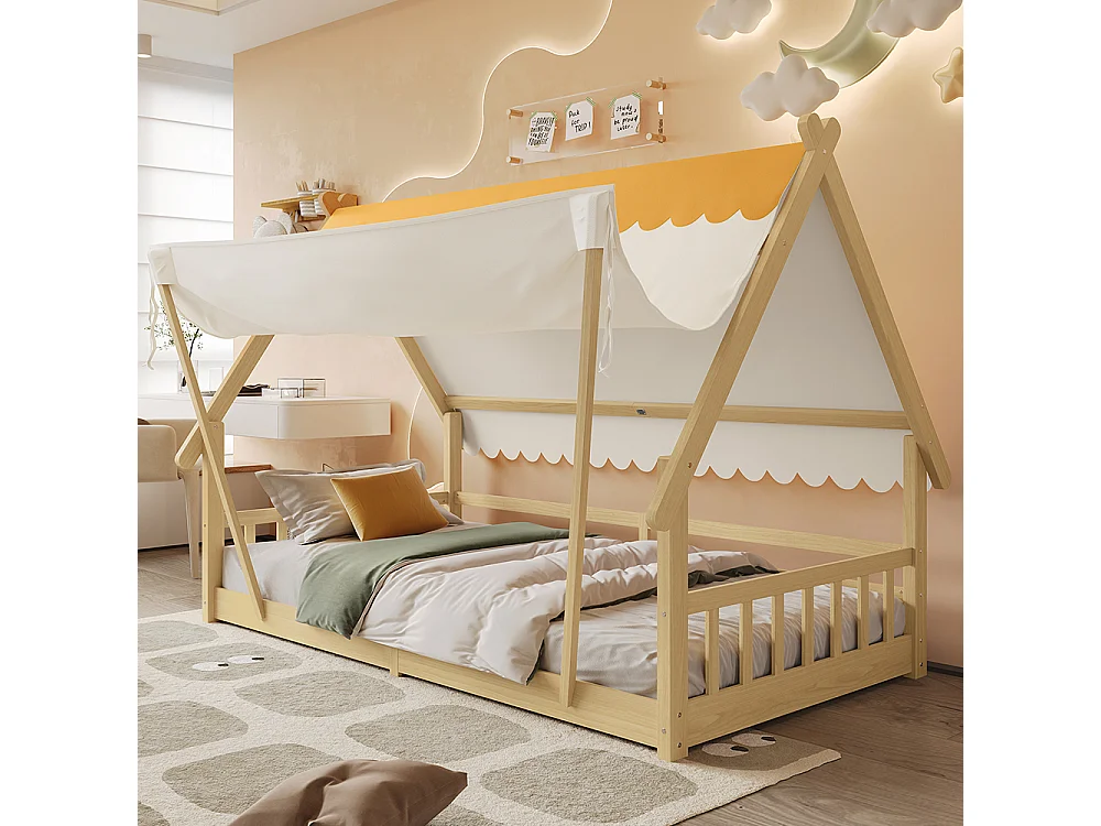 Lit d'enfant 90x200cm, design en forme de cabane, tente amovible, avec barrières de sécurité, pin + contreplaqué, couleur naturelle