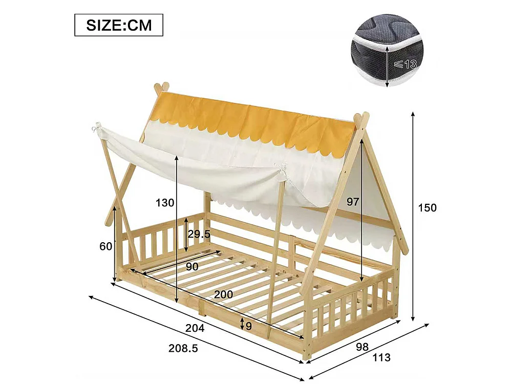 Lit d'enfant 90x200cm, design en forme de cabane, tente amovible, avec barrières de sécurité, pin + contreplaqué, couleur naturelle