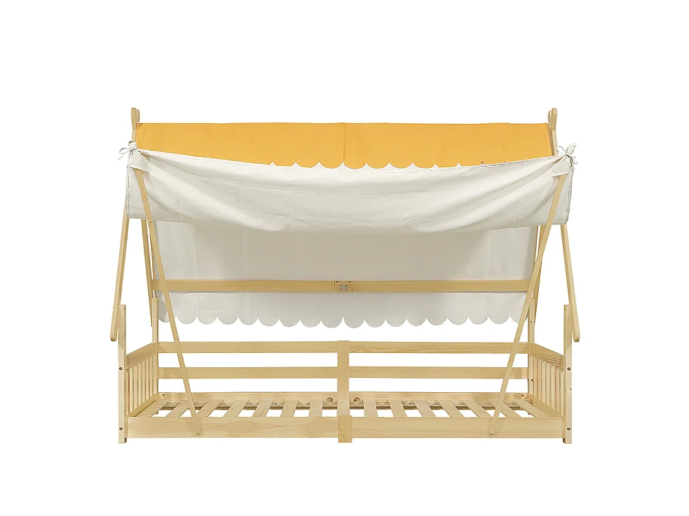 Lit d'enfant 90x200cm, design en forme de cabane, tente amovible, avec barrières de sécurité, pin + contreplaqué, couleur naturelle