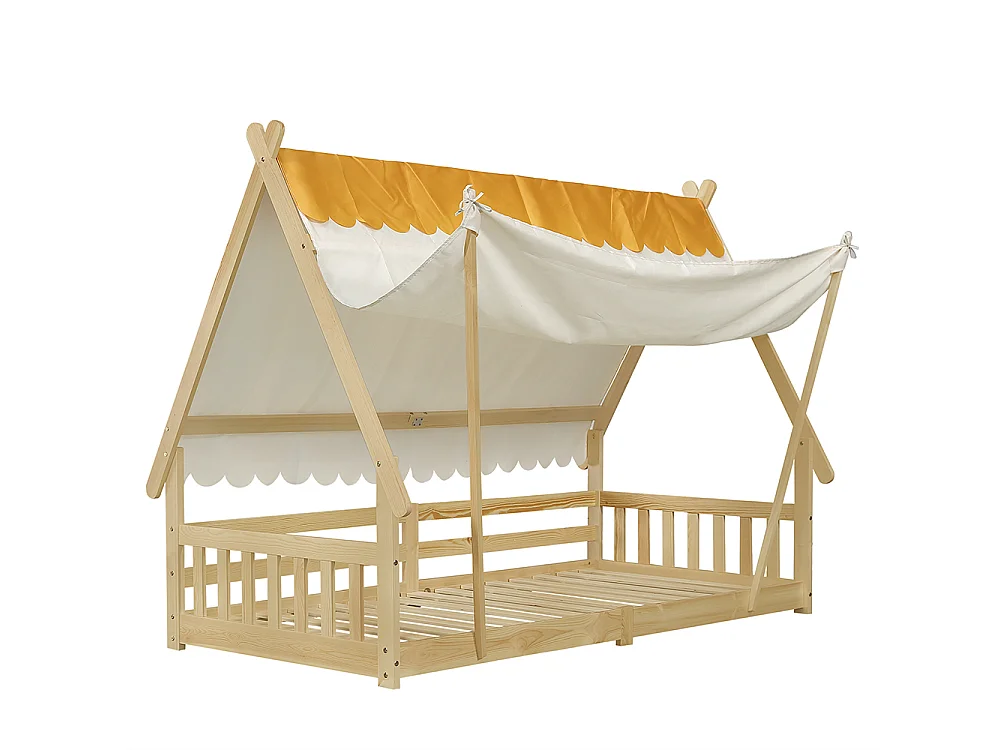 Lit d'enfant 90x200cm, design en forme de cabane, tente amovible, avec barrières de sécurité, pin + contreplaqué, couleur naturelle