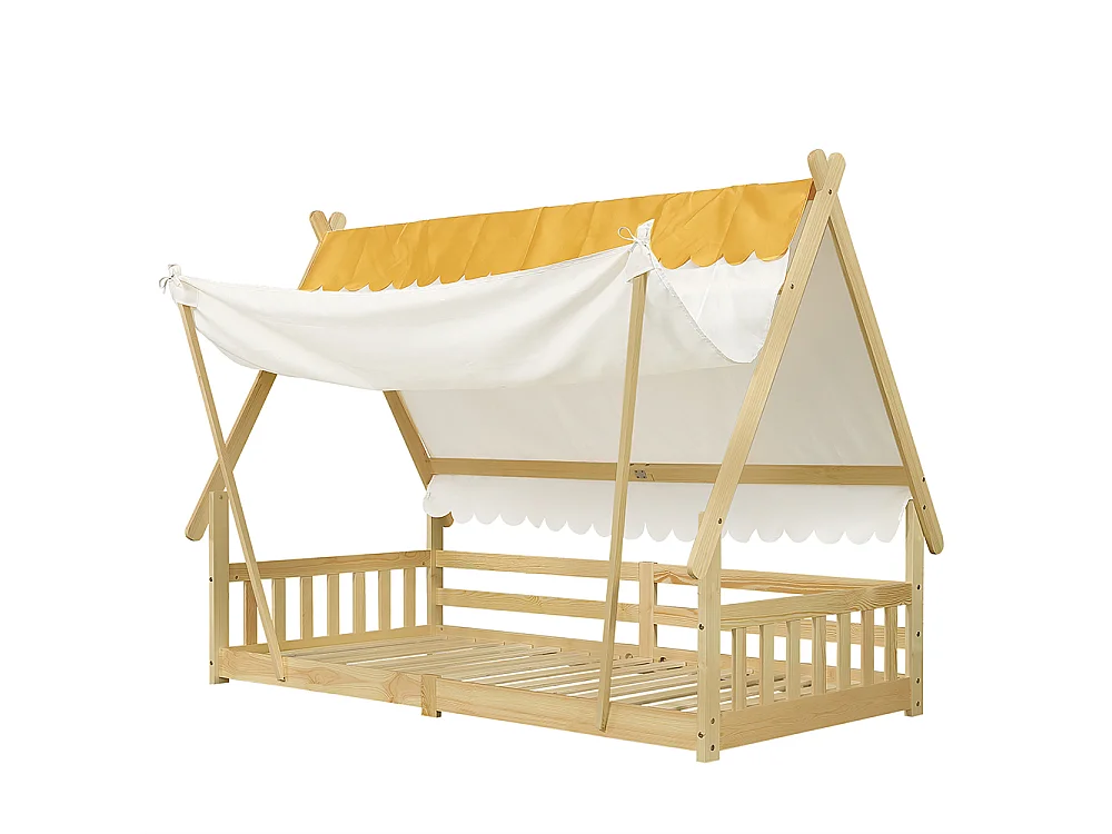 Lit d'enfant 90x200cm, design en forme de cabane, tente amovible, avec barrières de sécurité, pin + contreplaqué, couleur naturelle