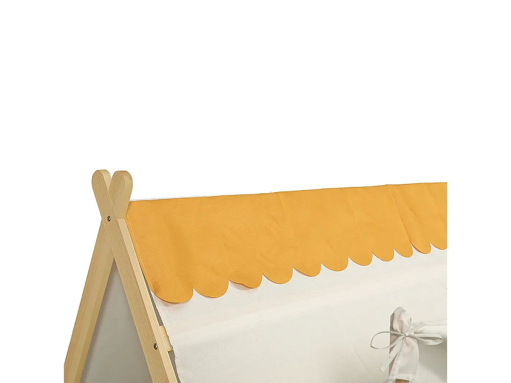 Lit d'enfant 90x200cm, design en forme de cabane, tente amovible, avec barrières de sécurité, pin + contreplaqué, couleur naturelle
