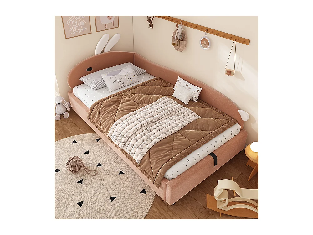 Hydraulisches Kinderbett 90 x 200 cm, Kopfteil mit Kaninchenmotiv, weiche Seitengitter, rechte Seitenwand, Samt, Sojarot