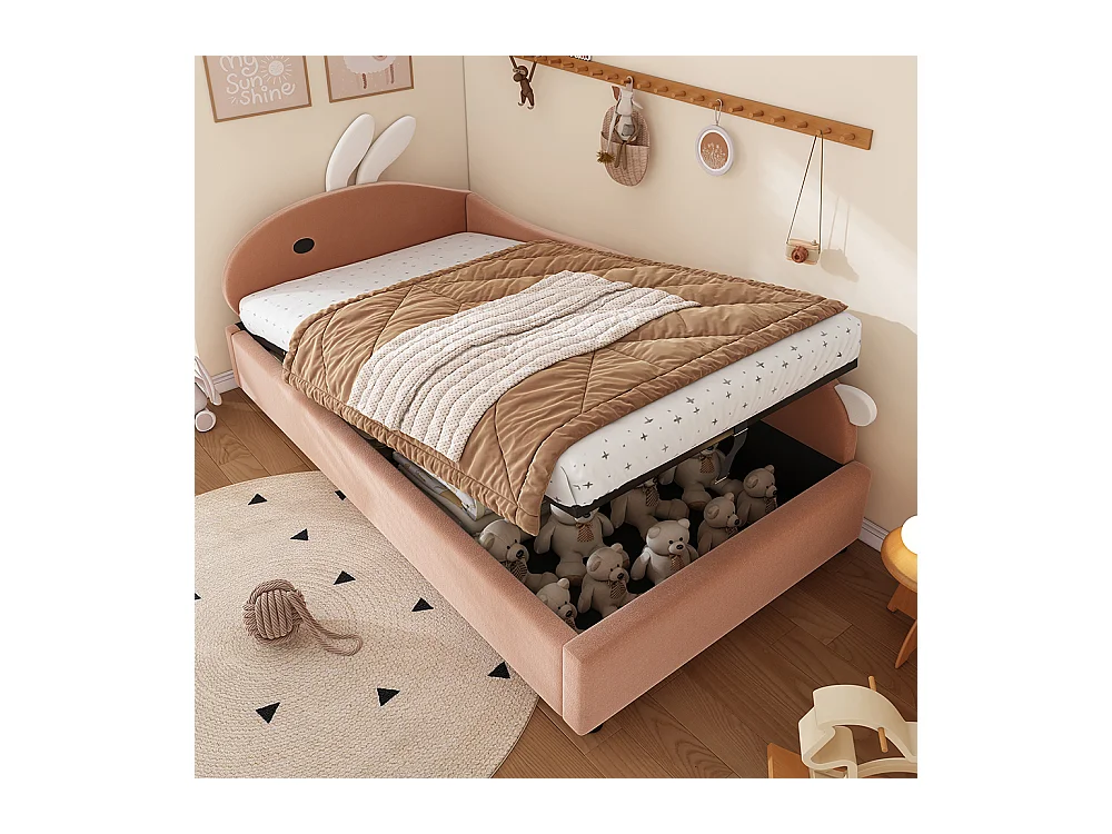 Hydraulisches Kinderbett 90 x 200 cm, Kopfteil mit Kaninchenmotiv, weiche Seitengitter, rechte Seitenwand, Samt, Sojarot