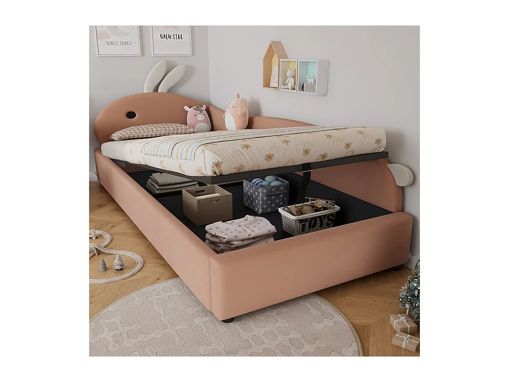 Hydraulisches Kinderbett 90 x 200 cm, Kopfteil mit Kaninchenmotiv, weiche Seitengitter, rechte Seitenwand, Samt, Sojarot