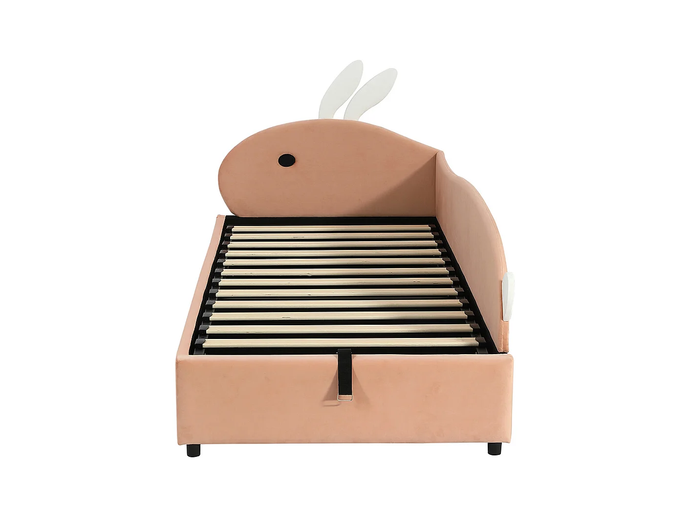 Hydraulisches Kinderbett 90 x 200 cm, Kopfteil mit Kaninchenmotiv, weiche Seitengitter, rechte Seitenwand, Samt, Sojarot