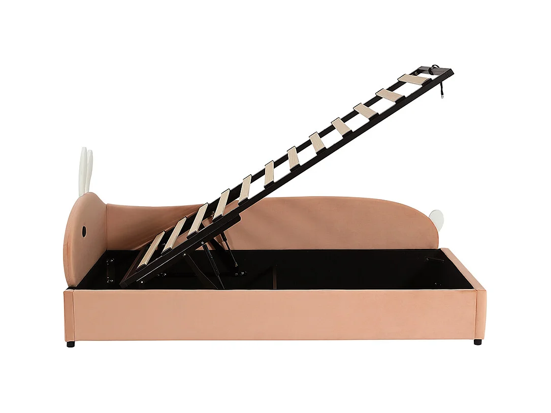 Hydraulisches Kinderbett 90 x 200 cm, Kopfteil mit Kaninchenmotiv, weiche Seitengitter, rechte Seitenwand, Samt, Sojarot