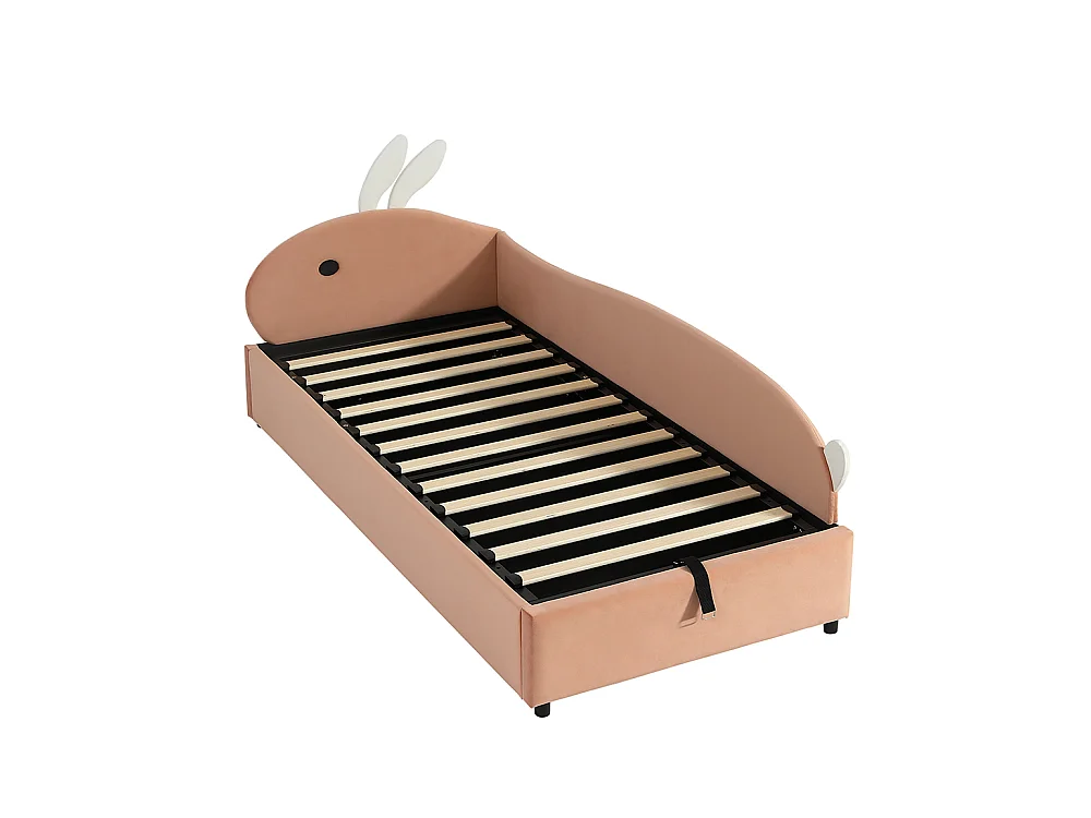 Hydraulisches Kinderbett 90 x 200 cm, Kopfteil mit Kaninchenmotiv, weiche Seitengitter, rechte Seitenwand, Samt, Sojarot