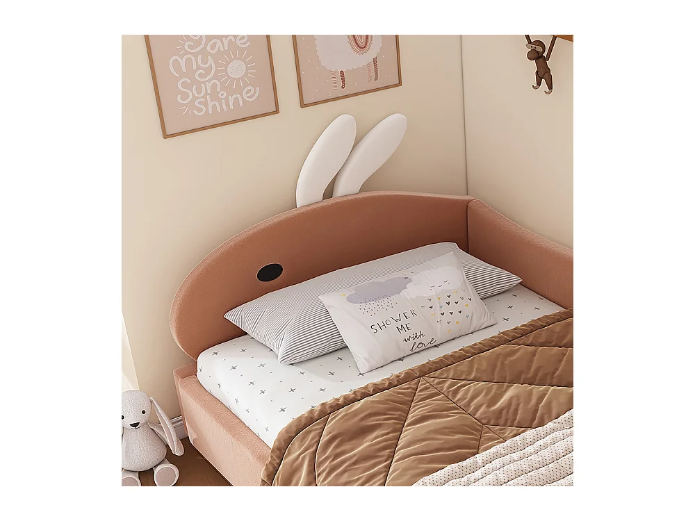 Hydraulisches Kinderbett 90 x 200 cm, Kopfteil mit Kaninchenmotiv, weiche Seitengitter, rechte Seitenwand, Samt, Sojarot