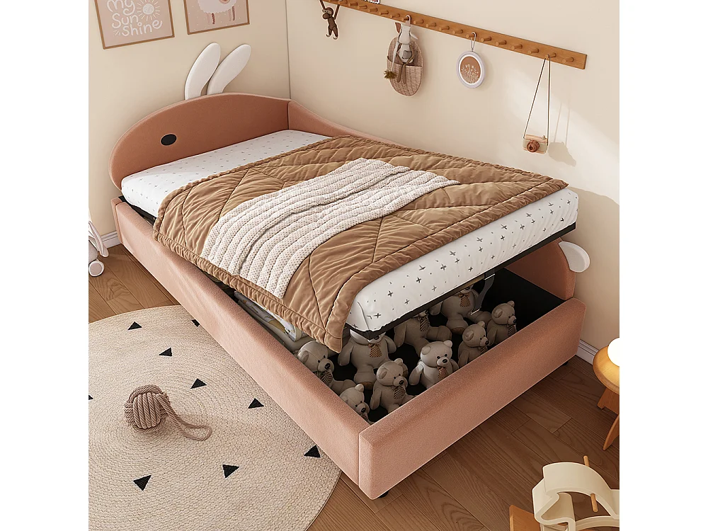 Hydraulisch kinderbed 90x200cm, konijnenhoofdbord, zachte bedhekken, rechter zijpaneel, fluweel, sojarood