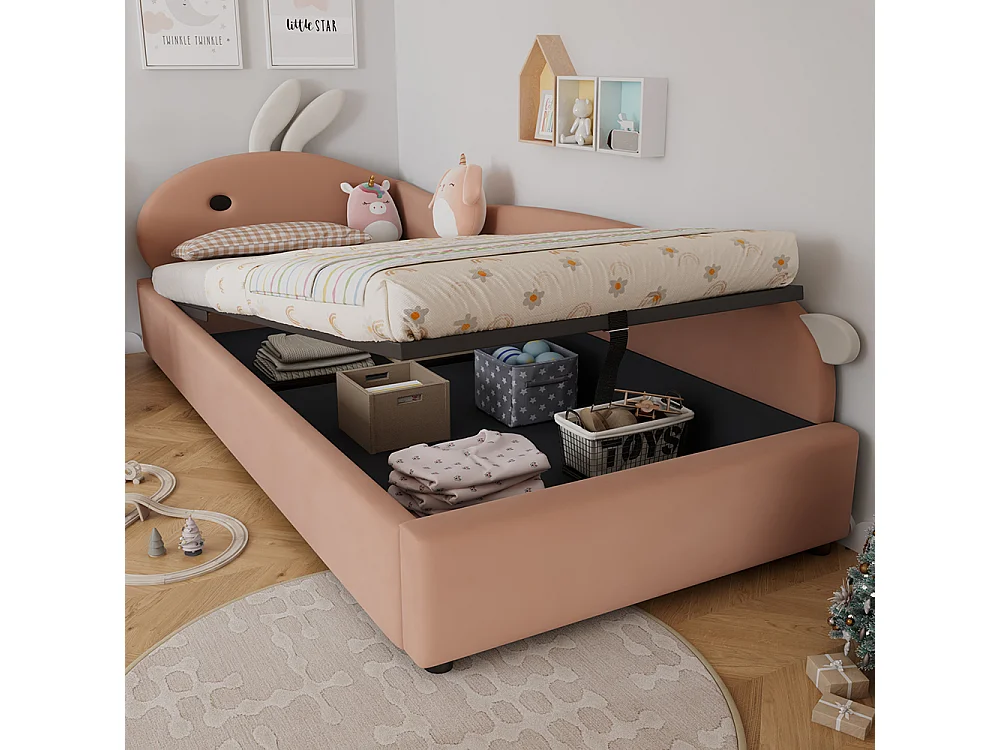 Hydraulisch kinderbed 90x200cm, konijnenhoofdbord, zachte bedhekken, rechter zijpaneel, fluweel, sojarood