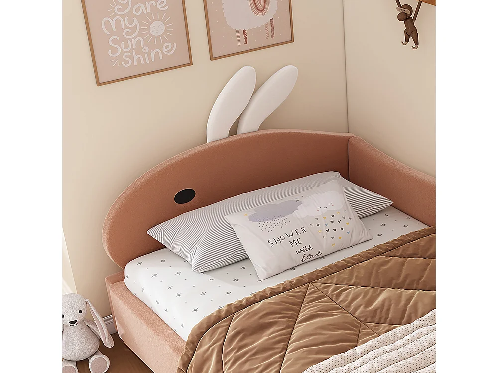 Hydraulisch kinderbed 90x200cm, konijnenhoofdbord, zachte bedhekken, rechter zijpaneel, fluweel, sojarood