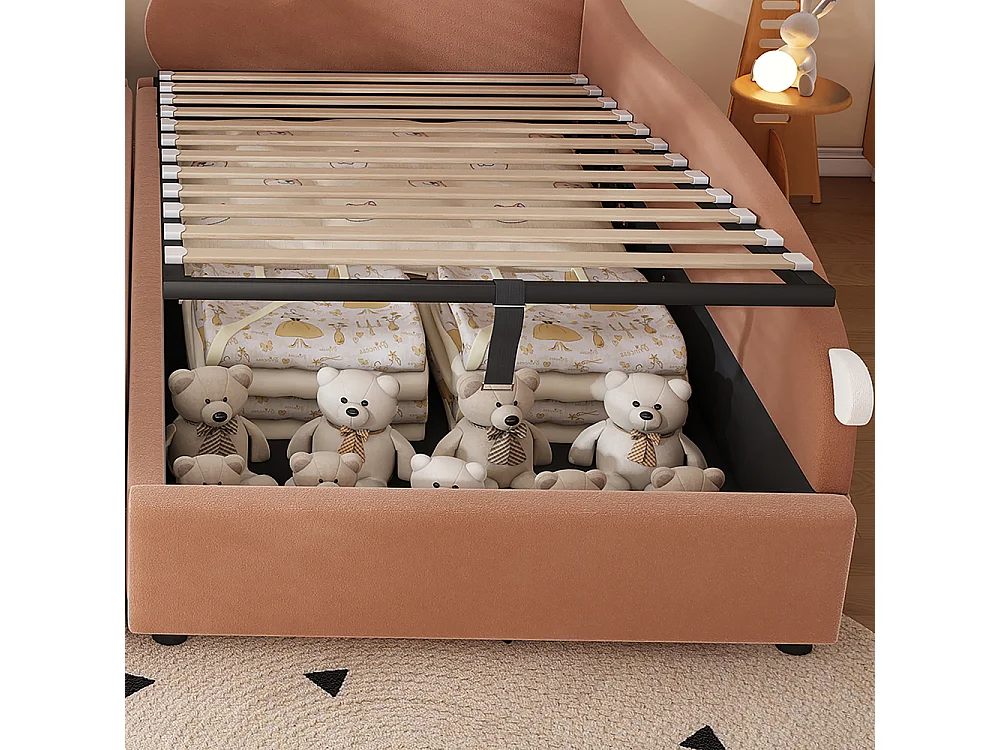 Hydraulisch kinderbed 90x200cm, konijnenhoofdbord, zachte bedhekken, rechter zijpaneel, fluweel, sojarood