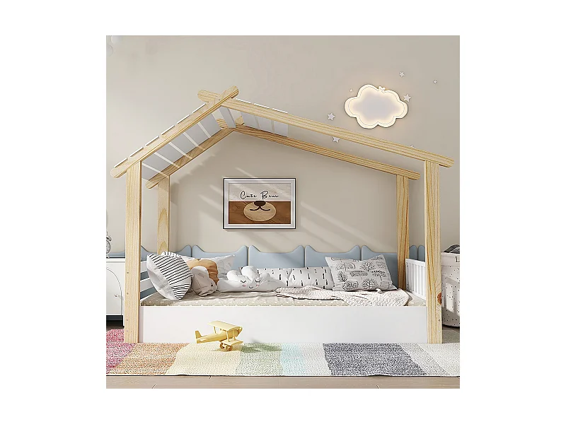 Kinderbett 90 x 200 cm, Design in Form einer Hütte, robuster Lattenrost, Kiefer + Spanplatte + MDF, weiß + naturfarben