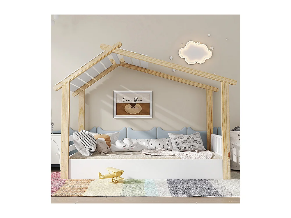 Kinderbett 90 x 200 cm, Design in Form einer Hütte, robuster Lattenrost, Kiefer + Spanplatte + MDF, weiß + naturfarben