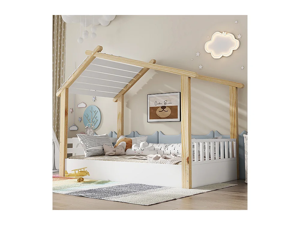 Kinderbett 90 x 200 cm, Design in Form einer Hütte, robuster Lattenrost, Kiefer + Spanplatte + MDF, weiß + naturfarben