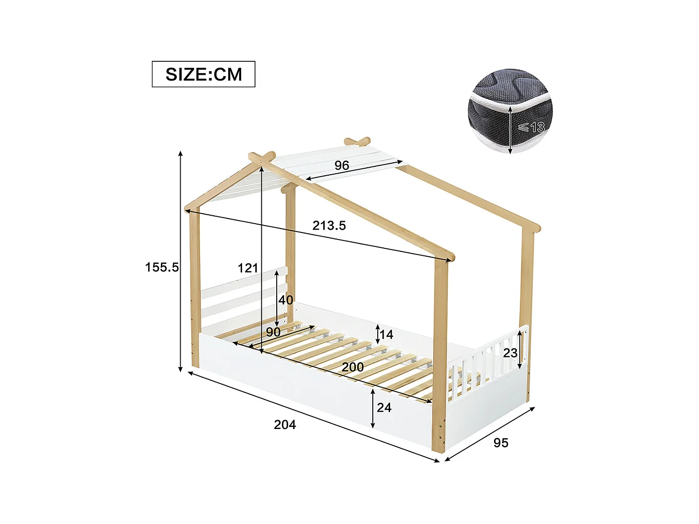 Kinderbett 90 x 200 cm, Design in Form einer Hütte, robuster Lattenrost, Kiefer + Spanplatte + MDF, weiß + naturfarben