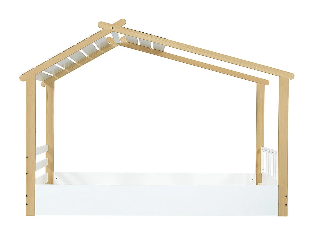 Lit d'enfant 90x200cm , design chalet, cadre de lit à lattes robuste, pin + aggloméré + MDF, blanc + naturel