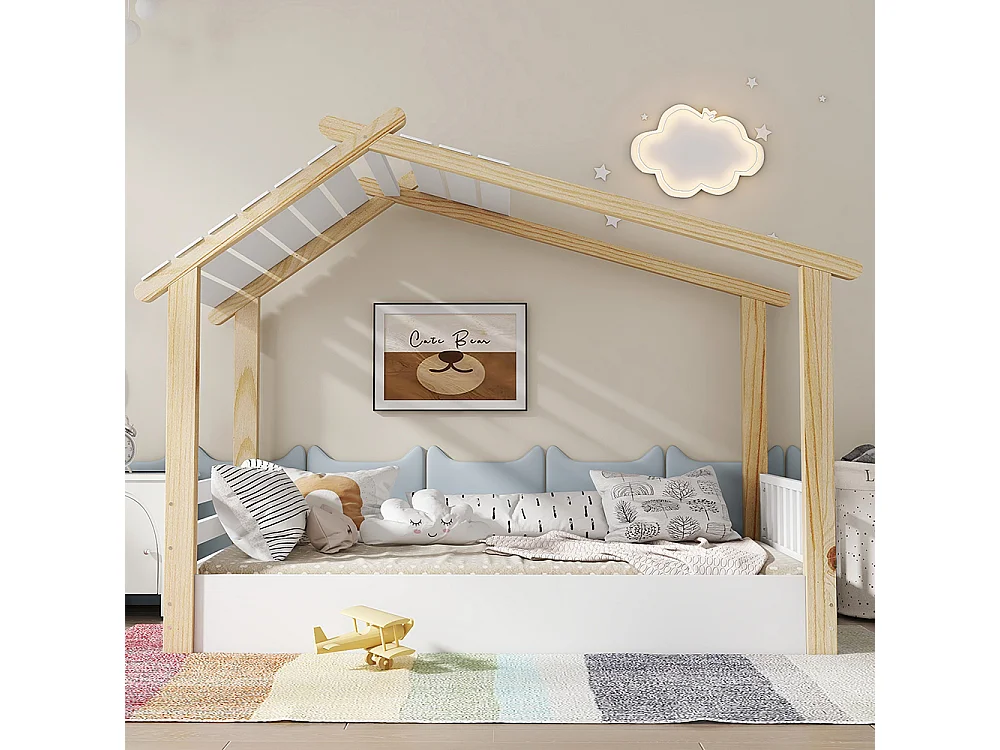 Lit d'enfant 90x200cm , design chalet, cadre de lit à lattes robuste, pin + aggloméré + MDF, blanc + naturel