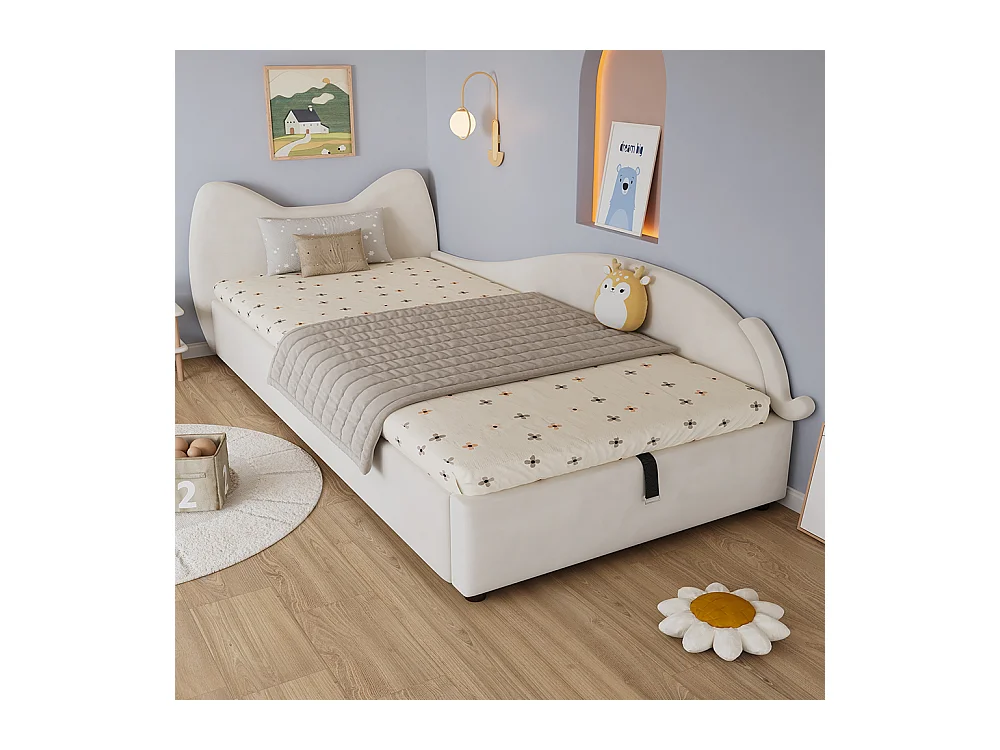 Hydraulisches Kinderbett 90 x 200 cm, niedliches Katzen-Design, Bettrahmen mit Stauraum, rechte Seitenwand, Samt, beige