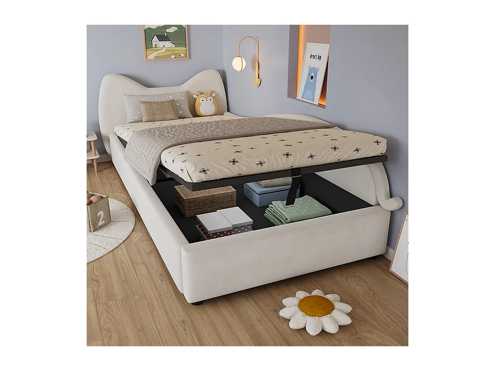 Hydraulisches Kinderbett 90 x 200 cm, niedliches Katzen-Design, Bettrahmen mit Stauraum, rechte Seitenwand, Samt, beige