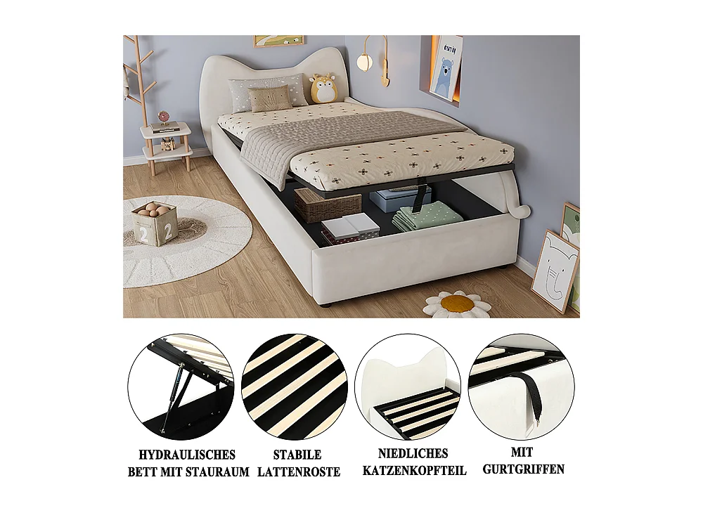Hydraulisches Kinderbett 90 x 200 cm, niedliches Katzen-Design, Bettrahmen mit Stauraum, rechte Seitenwand, Samt, beige