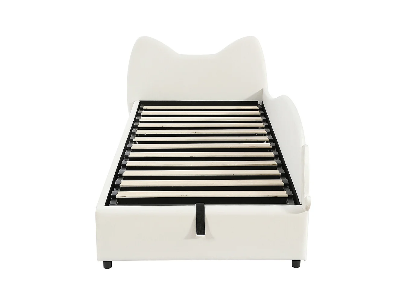 Hydraulisches Kinderbett 90 x 200 cm, niedliches Katzen-Design, Bettrahmen mit Stauraum, rechte Seitenwand, Samt, beige