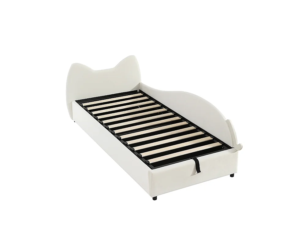 Hydraulisches Kinderbett 90 x 200 cm, niedliches Katzen-Design, Bettrahmen mit Stauraum, rechte Seitenwand, Samt, beige