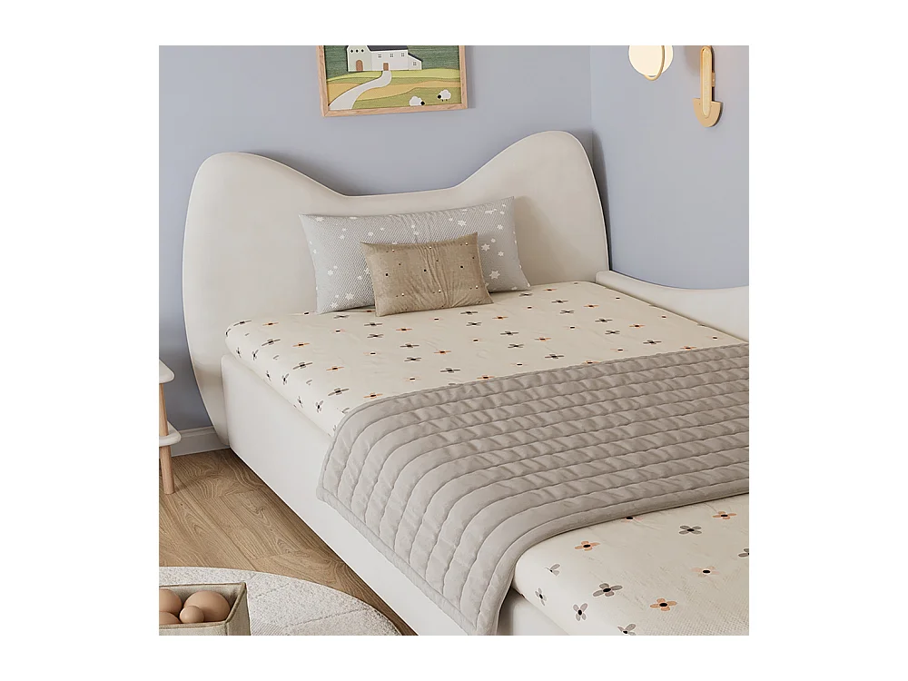 Hydraulisches Kinderbett 90 x 200 cm, niedliches Katzen-Design, Bettrahmen mit Stauraum, rechte Seitenwand, Samt, beige