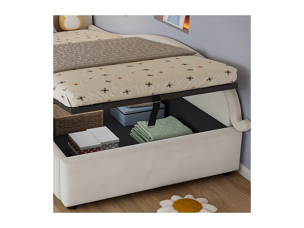 Hydraulisches Kinderbett 90 x 200 cm, niedliches Katzen-Design, Bettrahmen mit Stauraum, rechte Seitenwand, Samt, beige