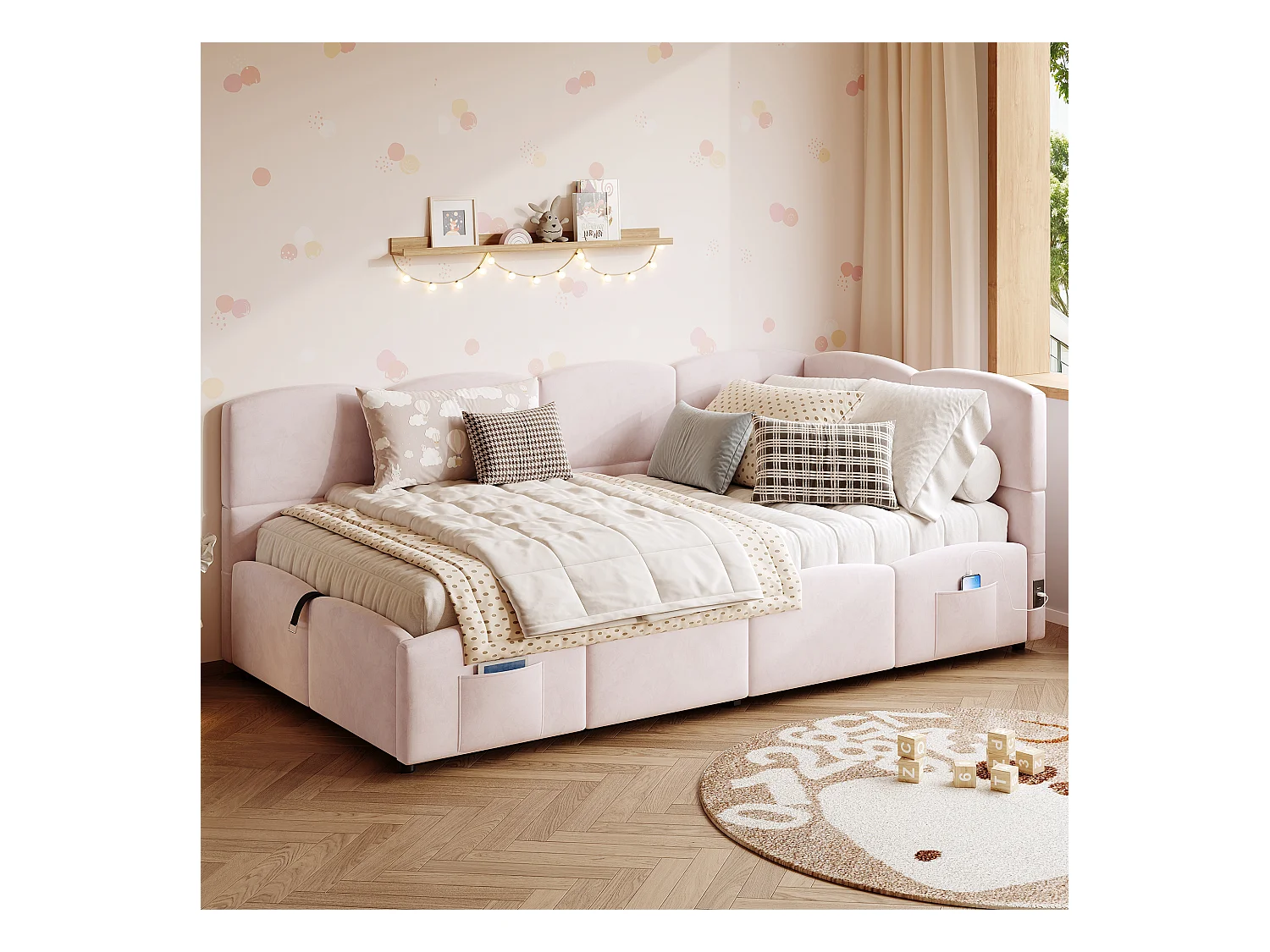 Cama infantil acolchada 90x200 cm, con somier de láminas, cargador USB, bolsa de almacenamiento, terciopelo, rosa