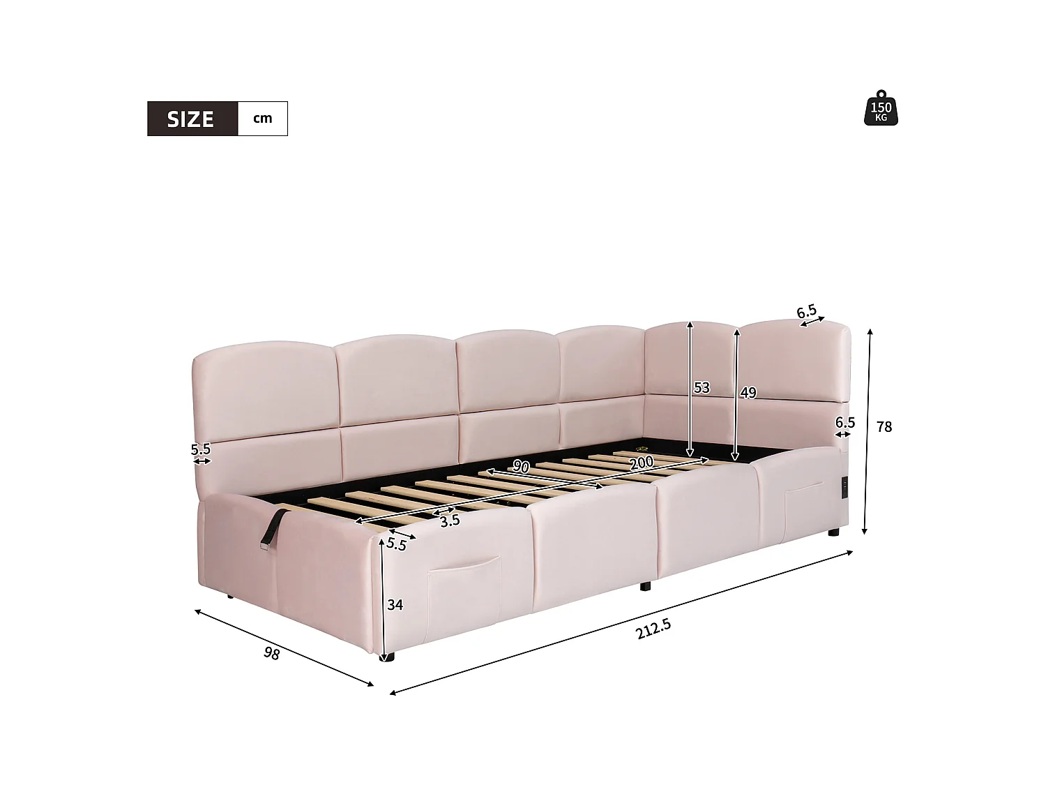 Cama infantil acolchada 90x200 cm, con somier de láminas, cargador USB, bolsa de almacenamiento, terciopelo, rosa