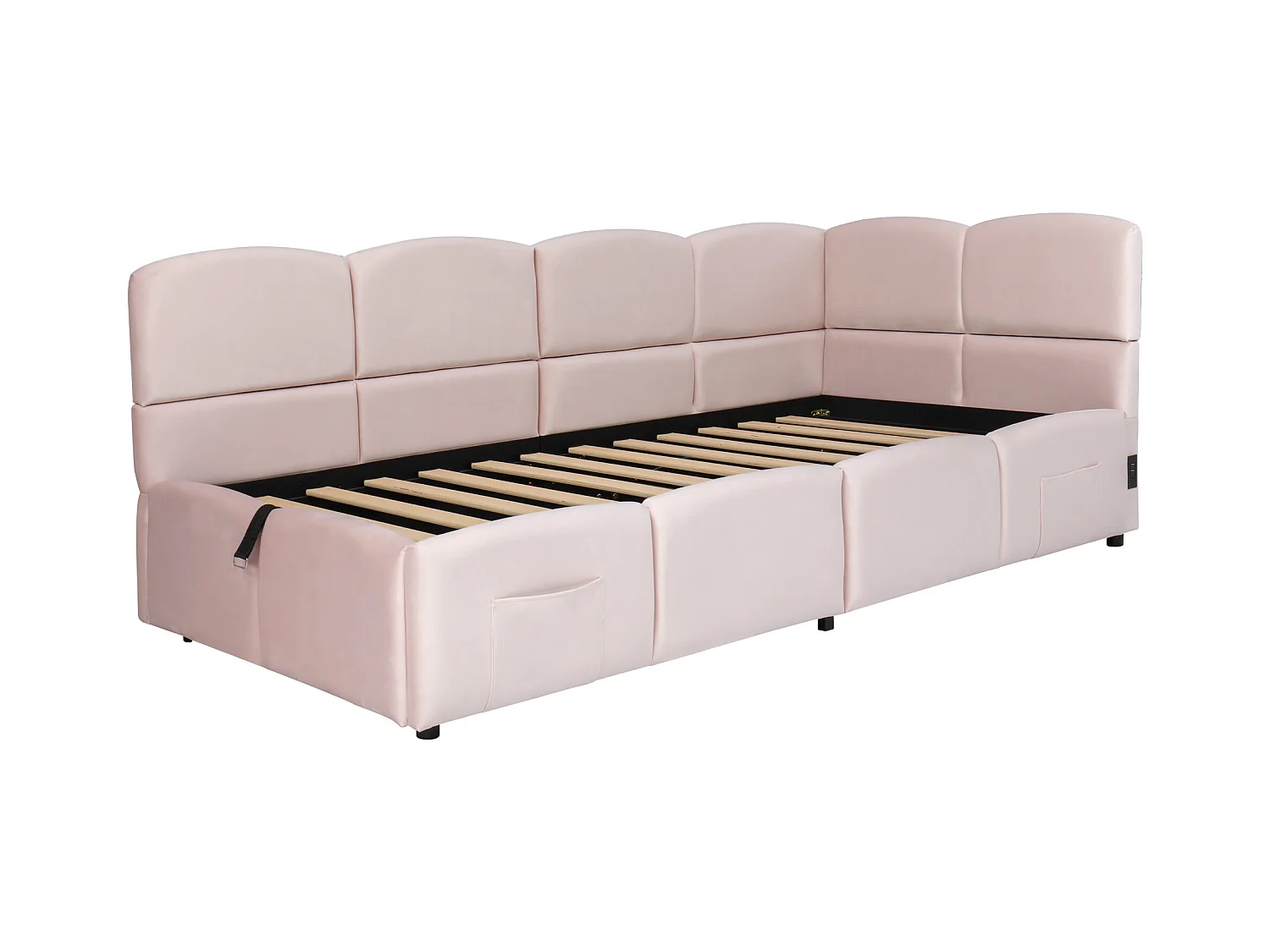 Cama infantil acolchada 90x200 cm, con somier de láminas, cargador USB, bolsa de almacenamiento, terciopelo, rosa