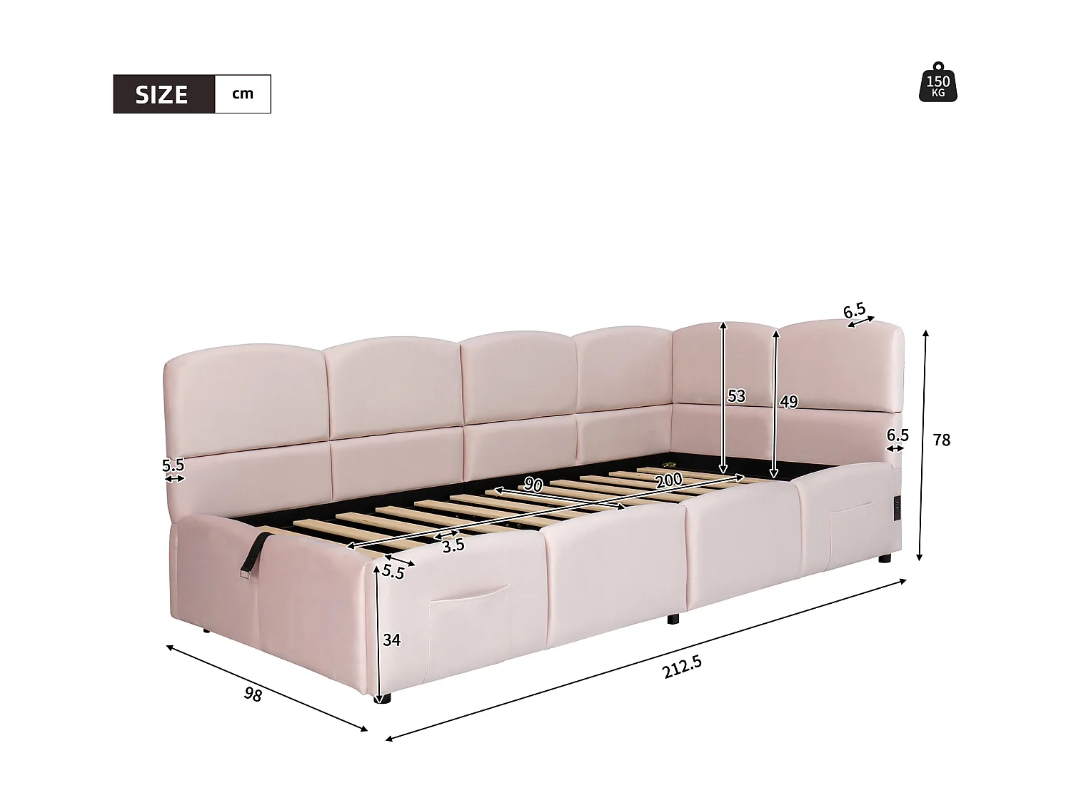 Gepolstertes Kinderbett 90x200 cm, mit Lattenrost, USB-Ladegerät, Aufbewahrungstasche, Samt, rosa