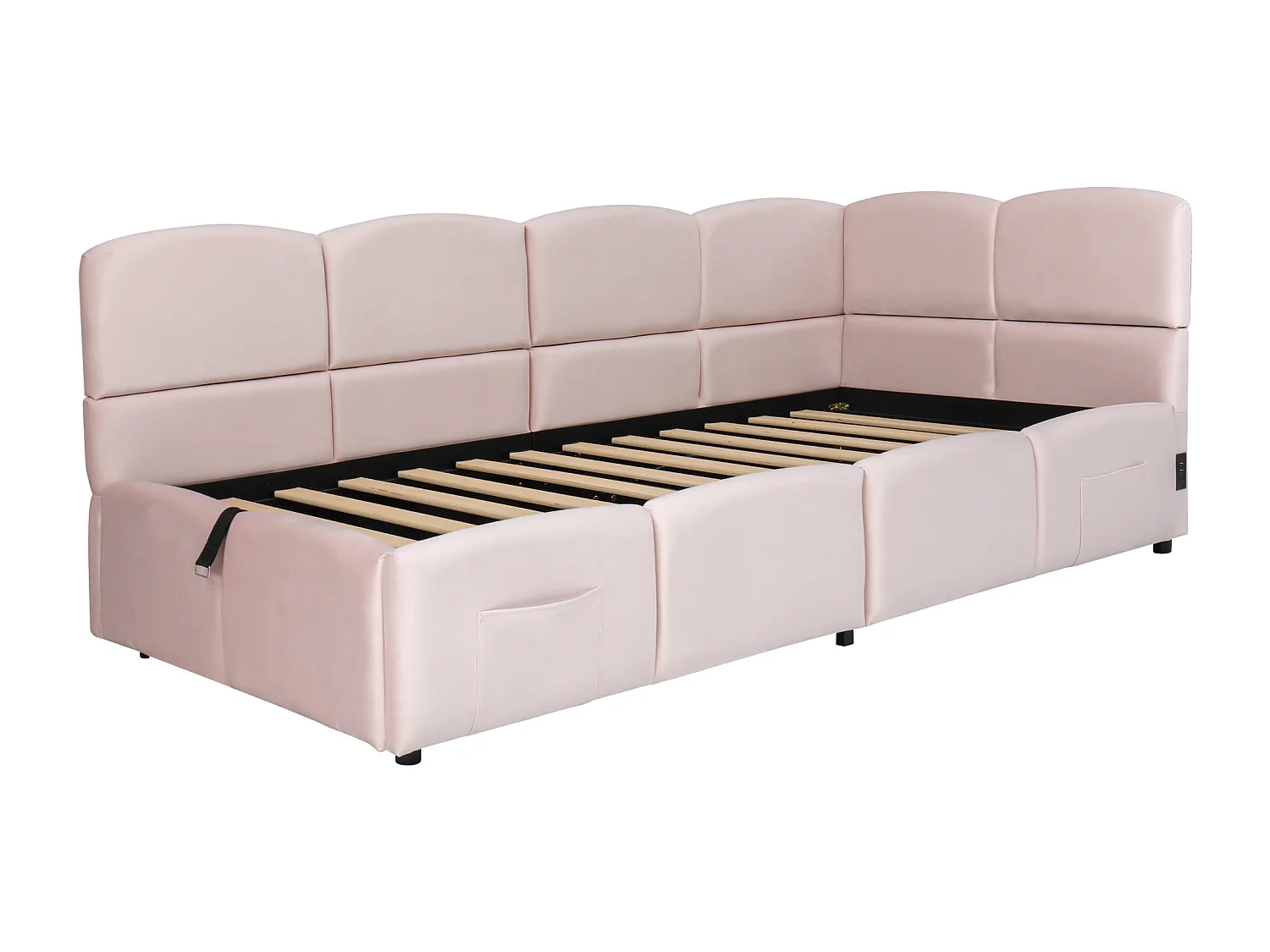 Gepolstertes Kinderbett 90x200 cm, mit Lattenrost, USB-Ladegerät, Aufbewahrungstasche, Samt, rosa