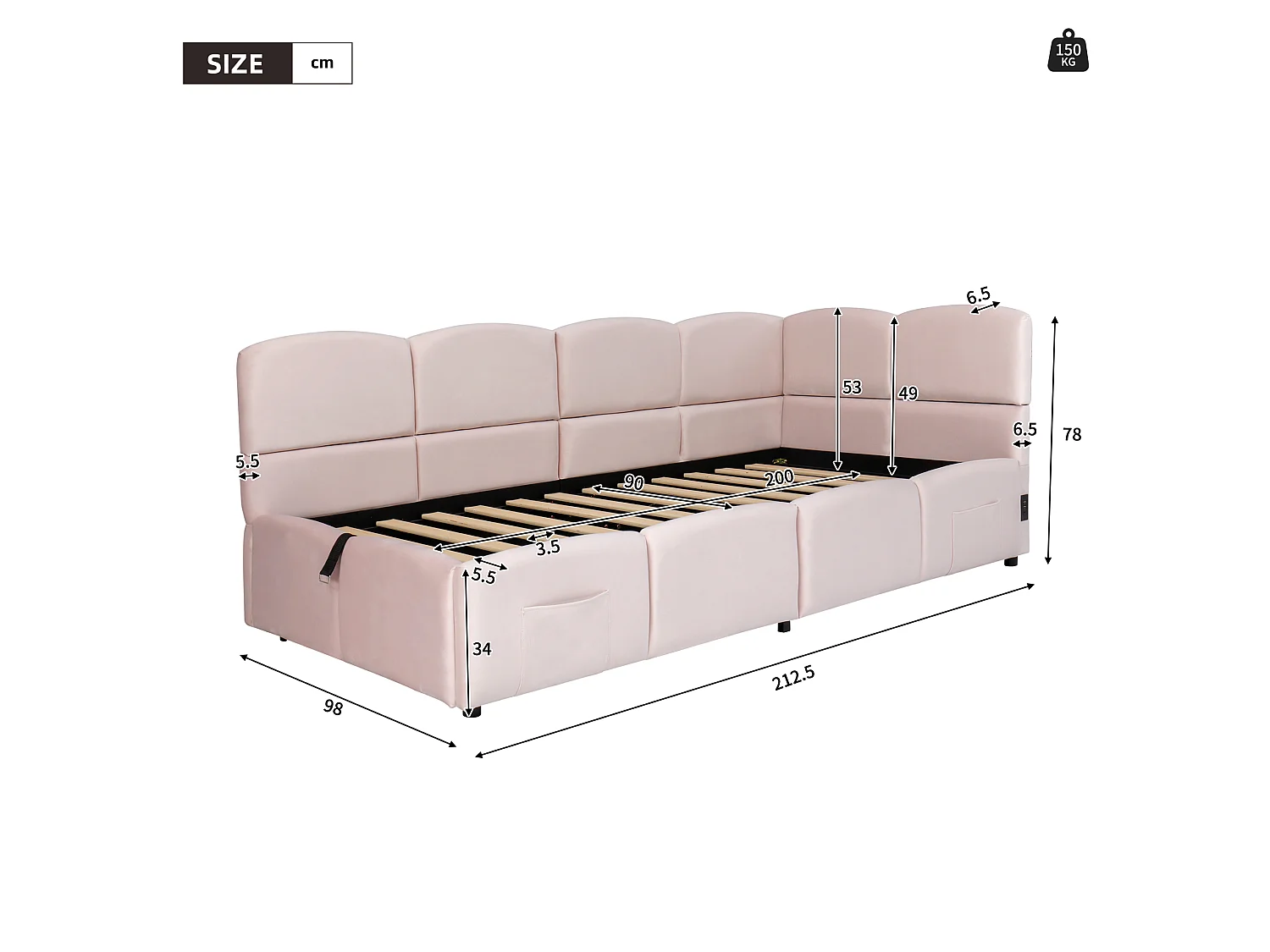 Lit d'enfant rembourré 90x200 cm, avec sommier à lattes, chargeur USB, sac de rangement, velours, rose