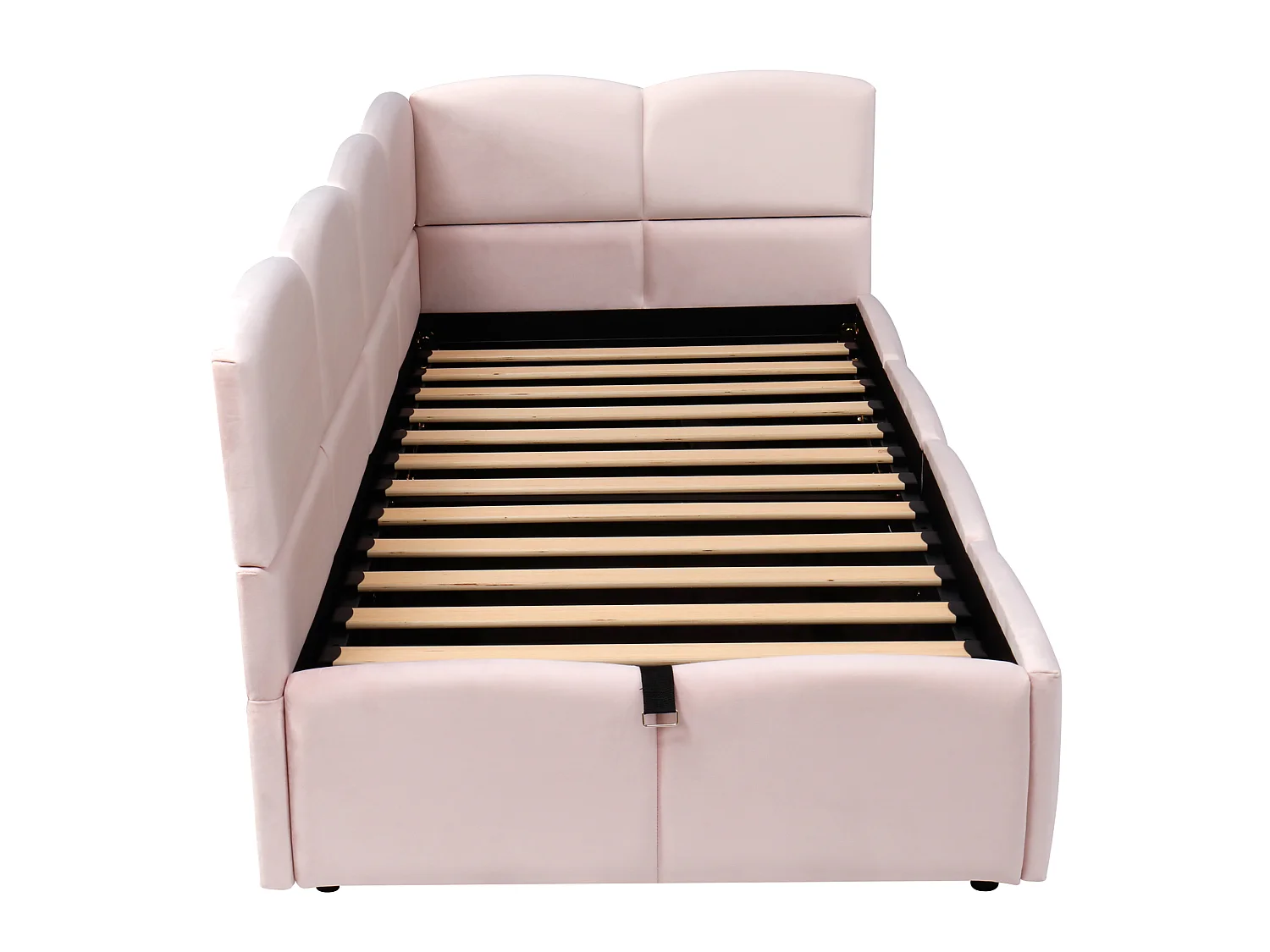 Lit d'enfant rembourré 90x200 cm, avec sommier à lattes, chargeur USB, sac de rangement, velours, rose