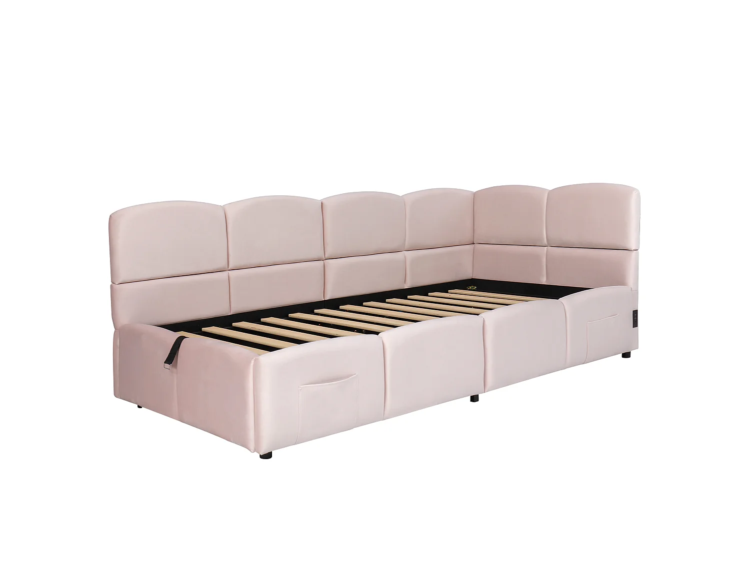 Lit d'enfant rembourré 90x200 cm, avec sommier à lattes, chargeur USB, sac de rangement, velours, rose