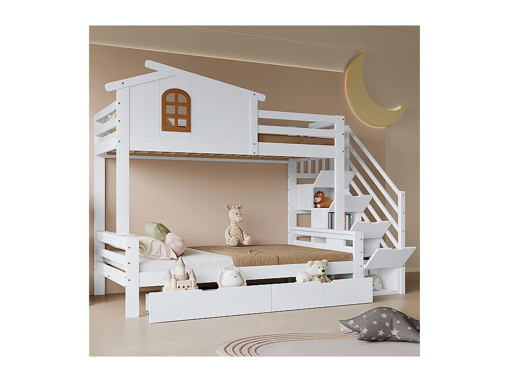 Etagenbett für Kinder 90 x 200 cm und 120 x 200 cm Zwei Schubladen mit Rollen, Fenster, Eckleiter Schrank Weiße + natürliche Oberfläche