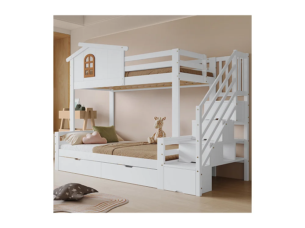 Etagenbett für Kinder 90 x 200 cm und 120 x 200 cm Zwei Schubladen mit Rollen, Fenster, Eckleiter Schrank Weiße + natürliche Oberfläche
