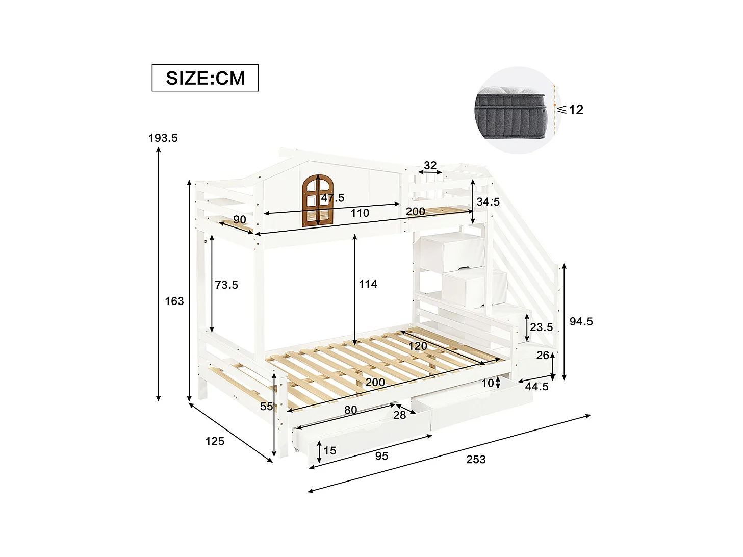 Etagenbett für Kinder 90 x 200 cm und 120 x 200 cm Zwei Schubladen mit Rollen, Fenster, Eckleiter Schrank Weiße + natürliche Oberfläche