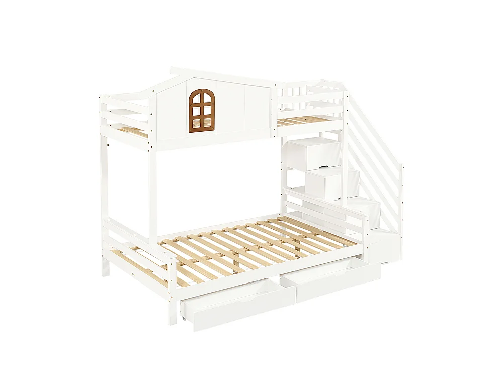 Etagenbett für Kinder 90 x 200 cm und 120 x 200 cm Zwei Schubladen mit Rollen, Fenster, Eckleiter Schrank Weiße + natürliche Oberfläche