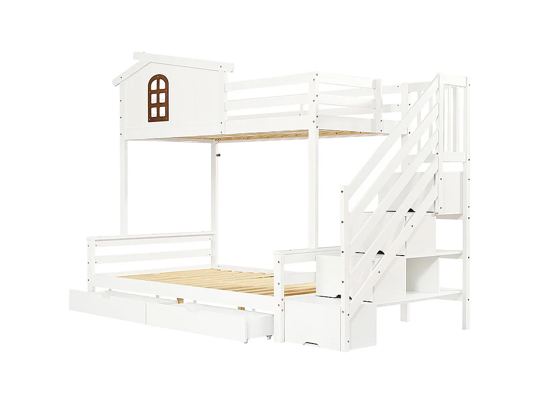 Etagenbett für Kinder 90 x 200 cm und 120 x 200 cm Zwei Schubladen mit Rollen, Fenster, Eckleiter Schrank Weiße + natürliche Oberfläche