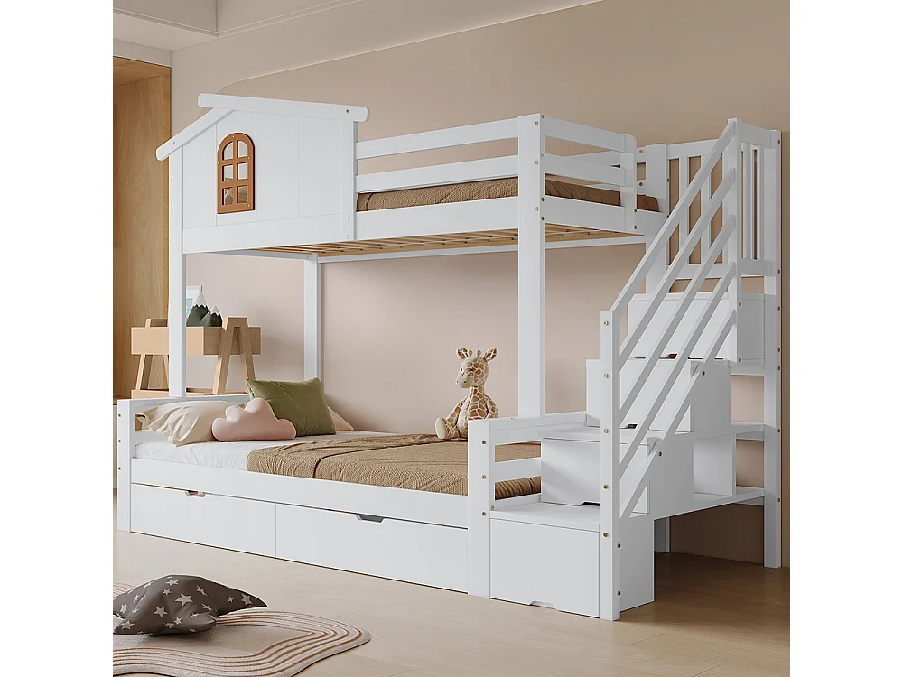 Etagenbett für Kinder 90 x 200 cm und 120 x 200 cm Zwei Schubladen mit Rollen, Fenster, Eckleiter Schrank Weiße + natürliche Oberfläche